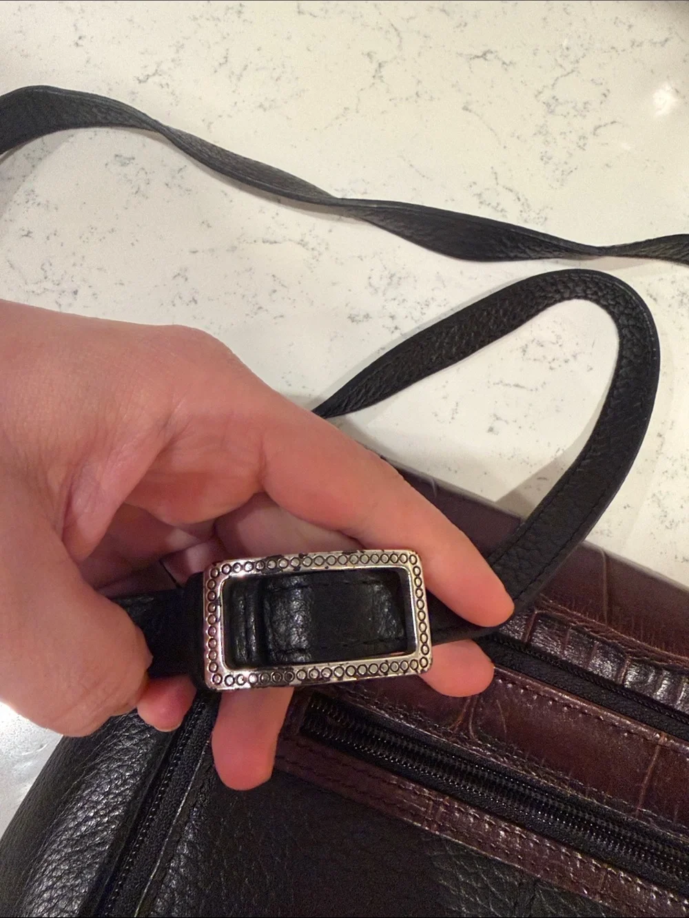 Vintage 90s Brighton Brown and Black Leather Crossbody with Brown Croc-Embossed - Picture 5 of 12